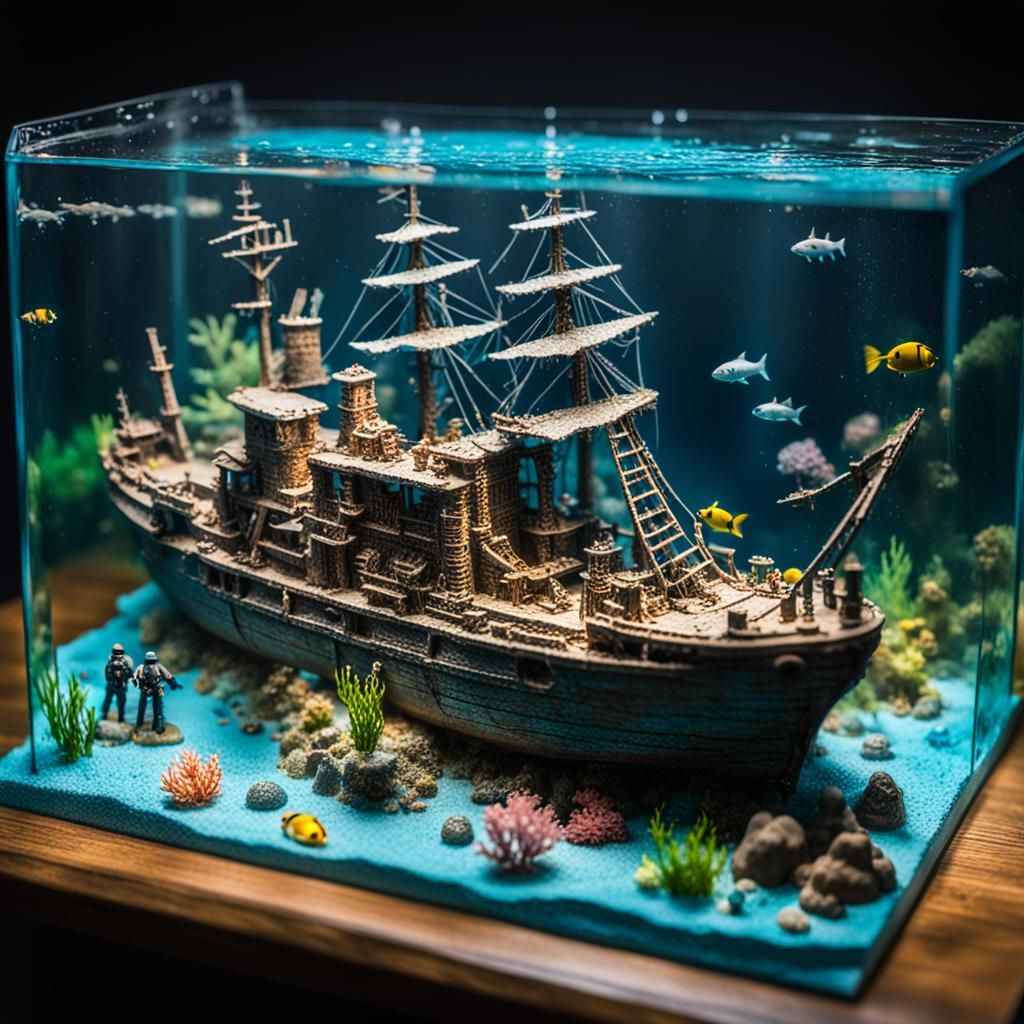 Underwater Shipwreck Miniature Diorama, Hyperrealistic Splas...