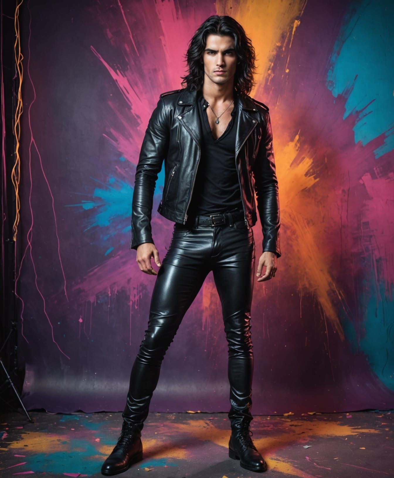 Young Man in Leather Pants Posing with Dynamic Lighting
