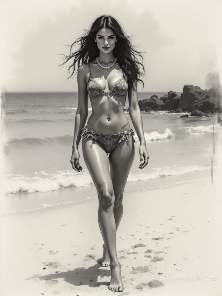 A Timeless Woman on the Beach, Captured in Raw Charcoal