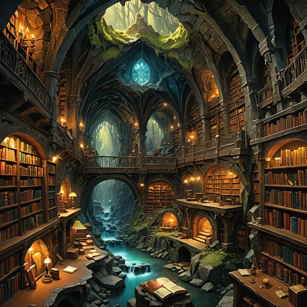 Enchanted Library in a Crystalline Cavern