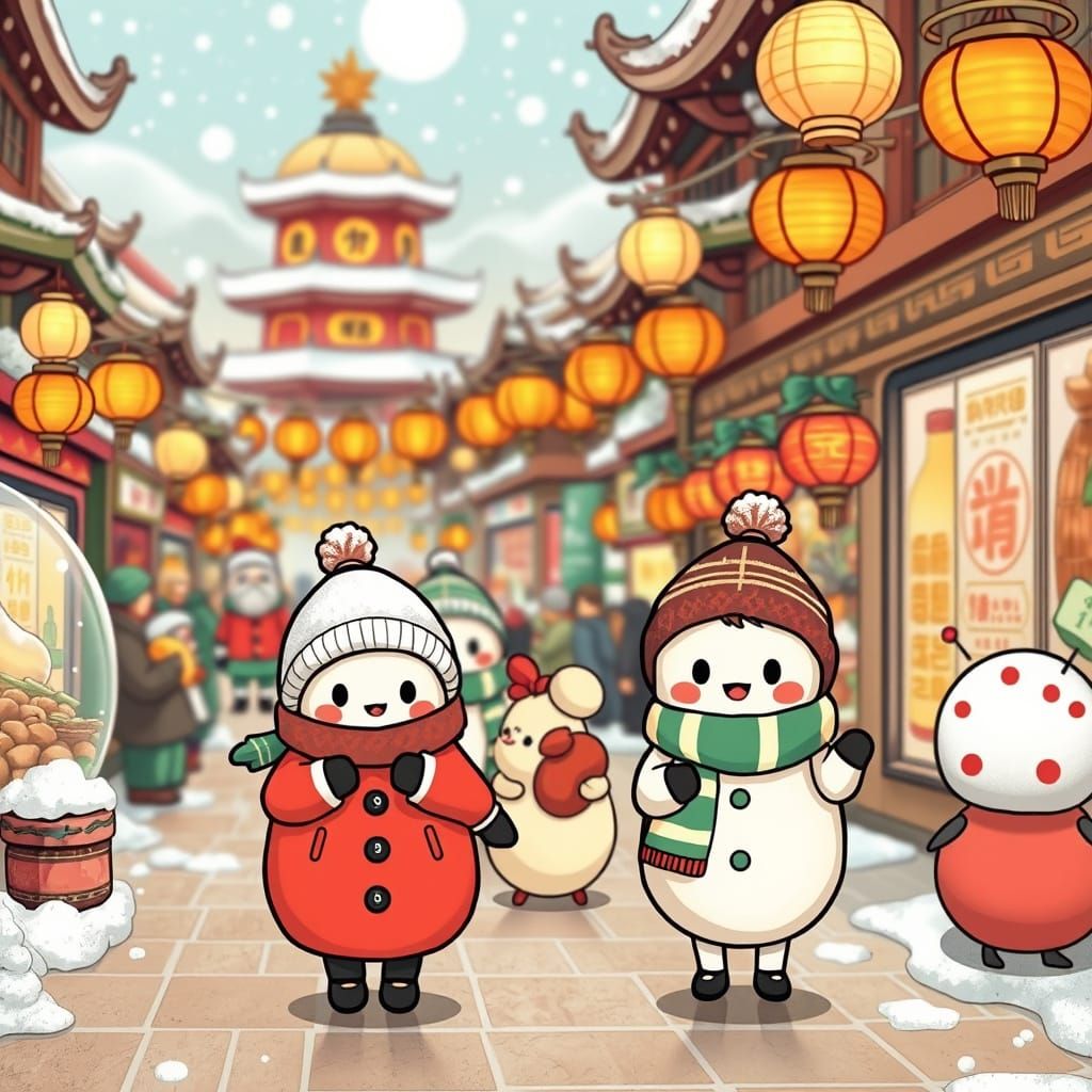 Kawaii Food Characters in Asian City Snowglobe
