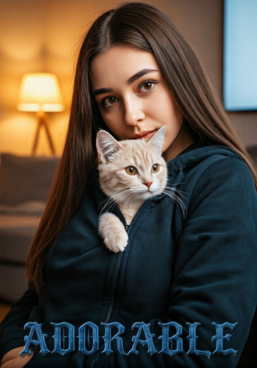 Adorable Gothic Text Above Woman With Cat In Hoodie