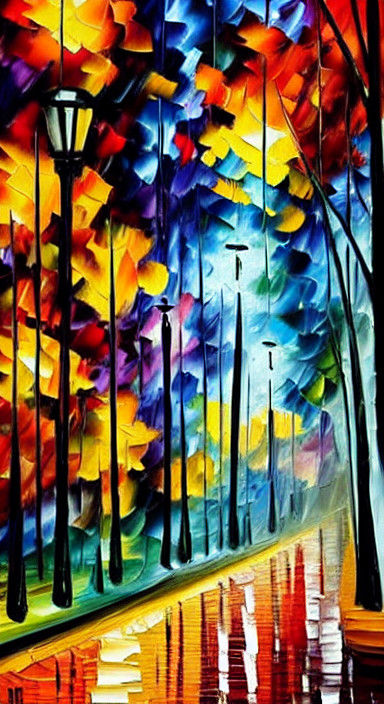 Rainy Night Park Scene in Vibrant Neo-Impressionist Style