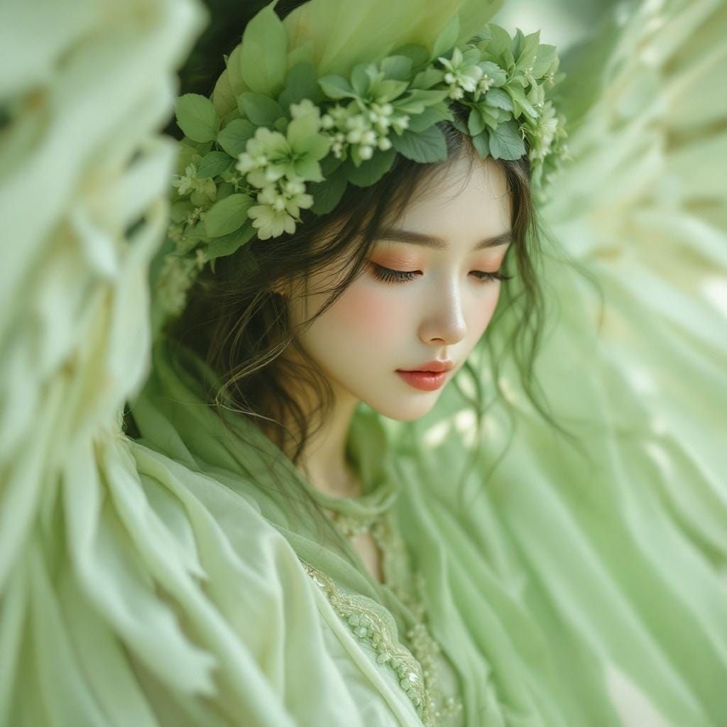 Ethereal Green Angel Woman in Soft Fantasy Style