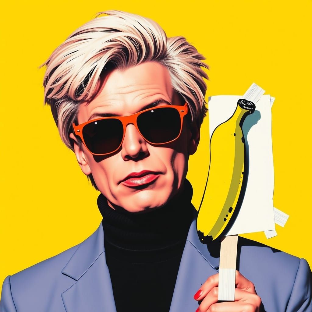Andy Warhol in Pop Art Style Holding Banana Artwork