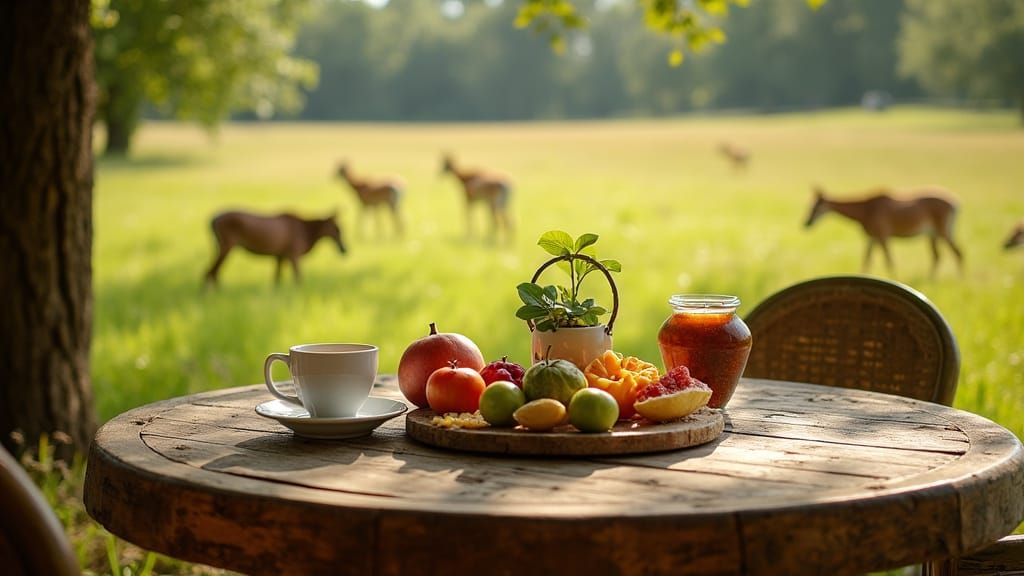 Morning Breakfast Scene with Horses