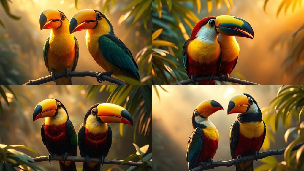 Hyper-Realistic Toucans Perched on Jungle Branch in Golden L...