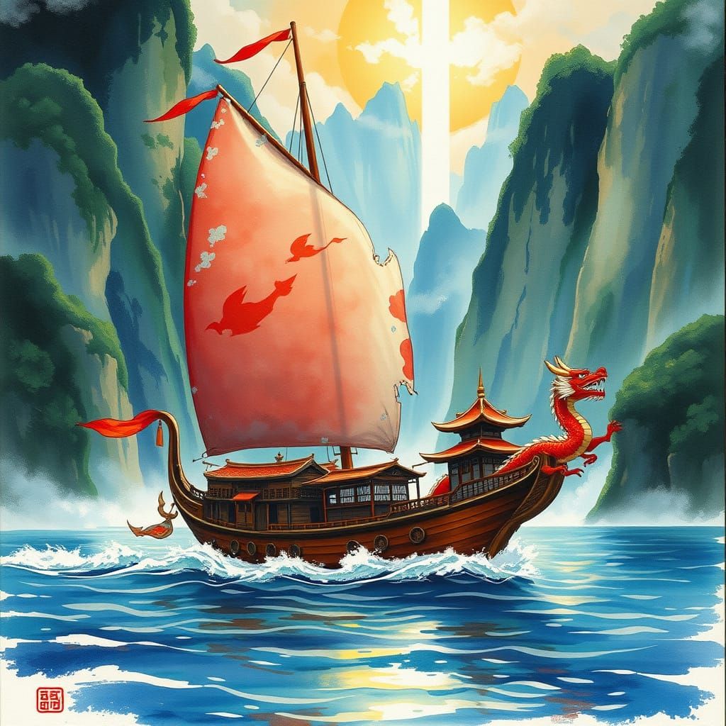 Fantasy Oriental Junk Ship in Hayao Miyazaki's Style with Tr...