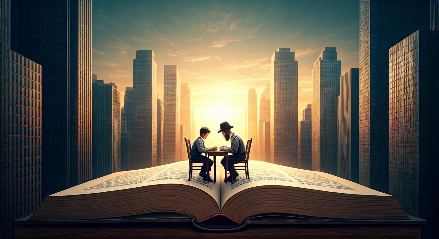 Hasidic Father and Son Study Torah Amidst a Dreamlike Citysc...