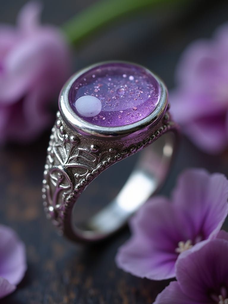 Macro Silver Ring with Lavender Resin and Magic Flowers