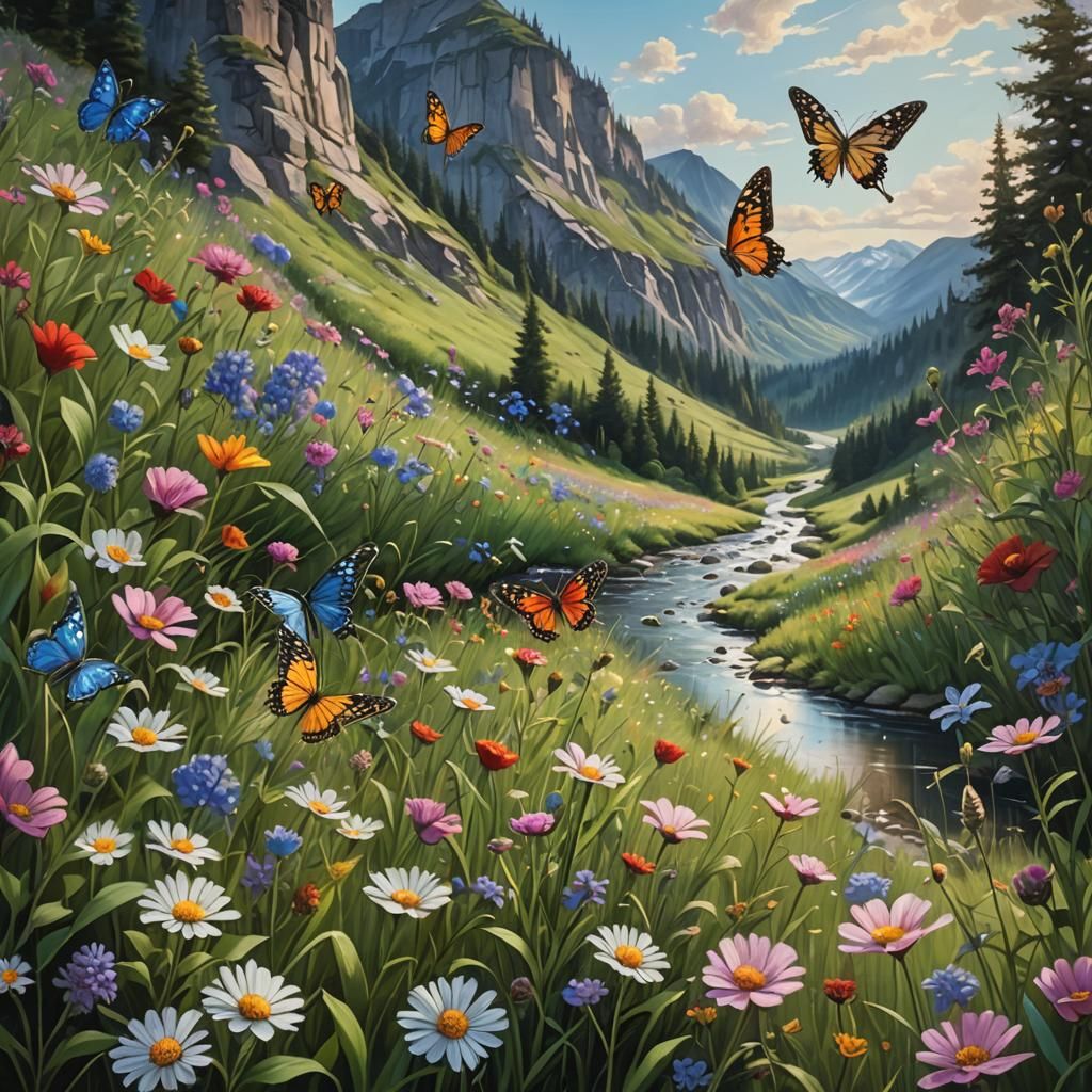 Wildflower Meadow with Birds in Oil Painting Style