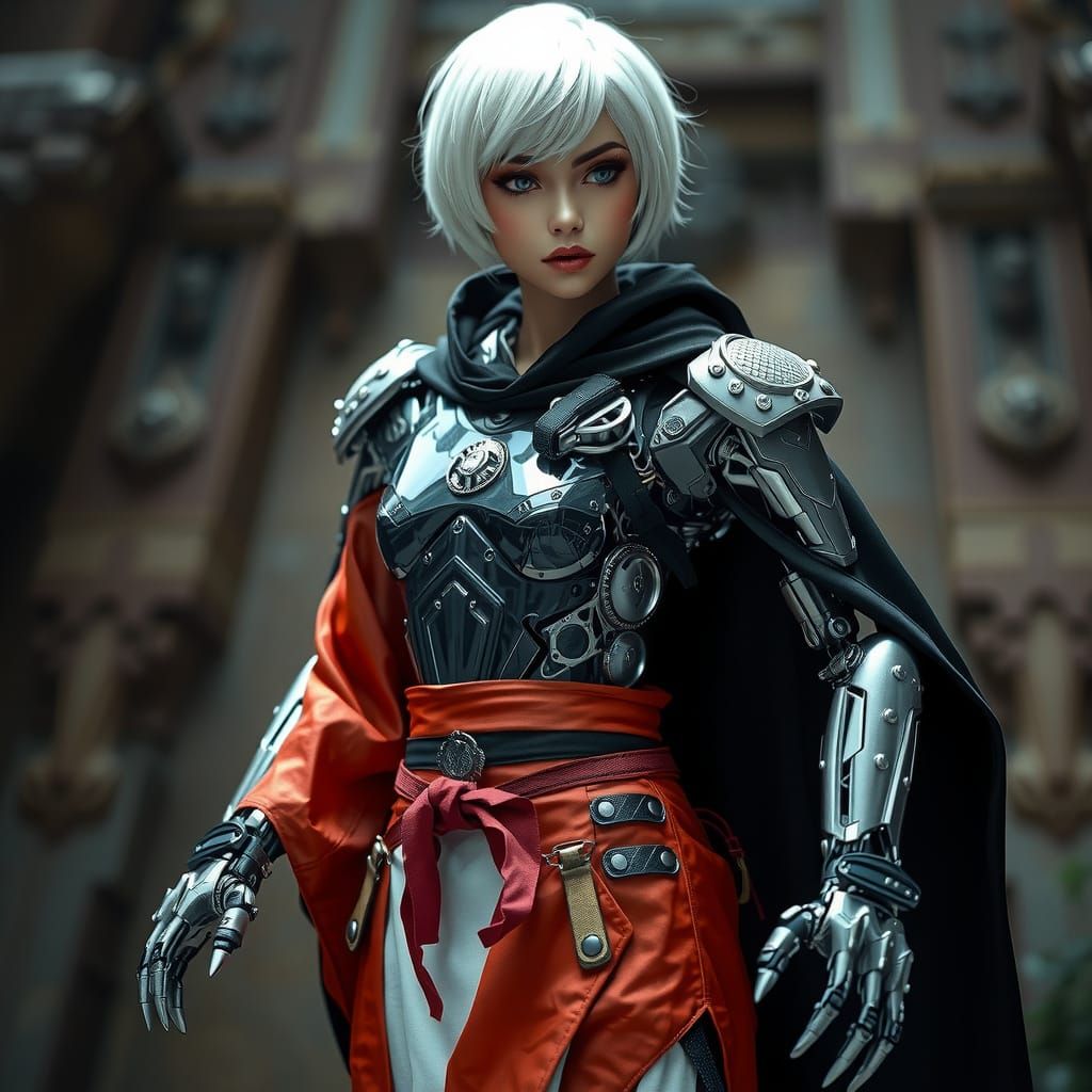 Cyborg Joan of Arc in Futuristic Kimono, Glass Body and Mech...