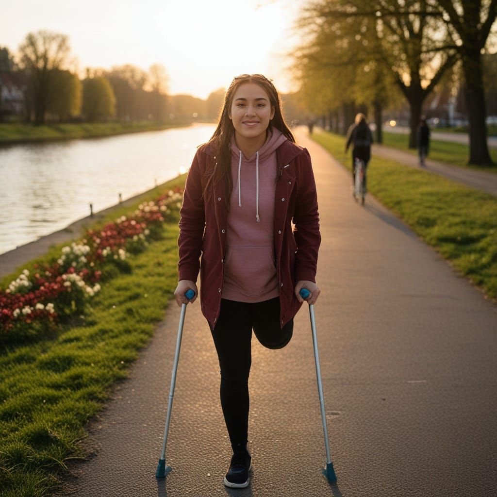 Latina Woman Takes a Walk on Crutches Along the River Wümme
