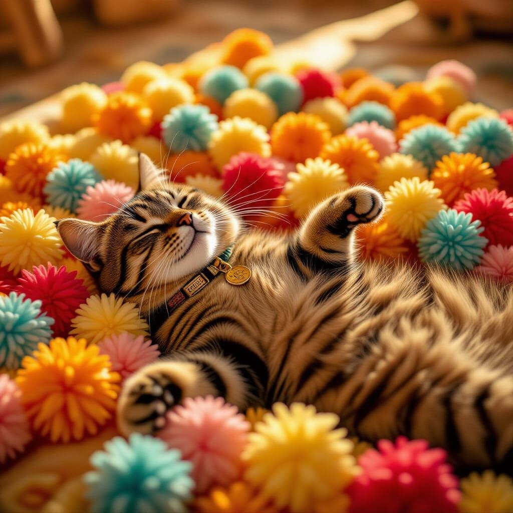 Cinematic Tomcat Surrounded by Pom-poms