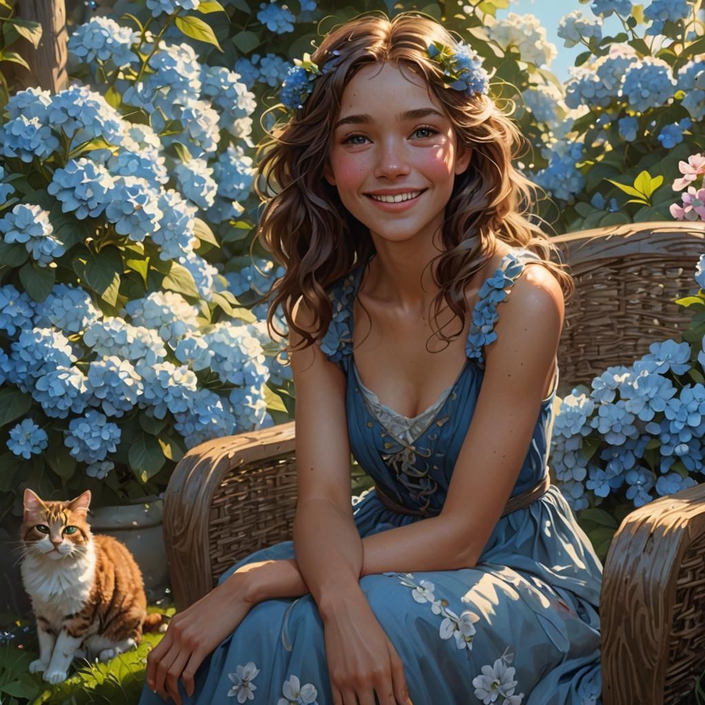 Smiling Woman in Hydrangea Garden, Art Nouveau Portrait