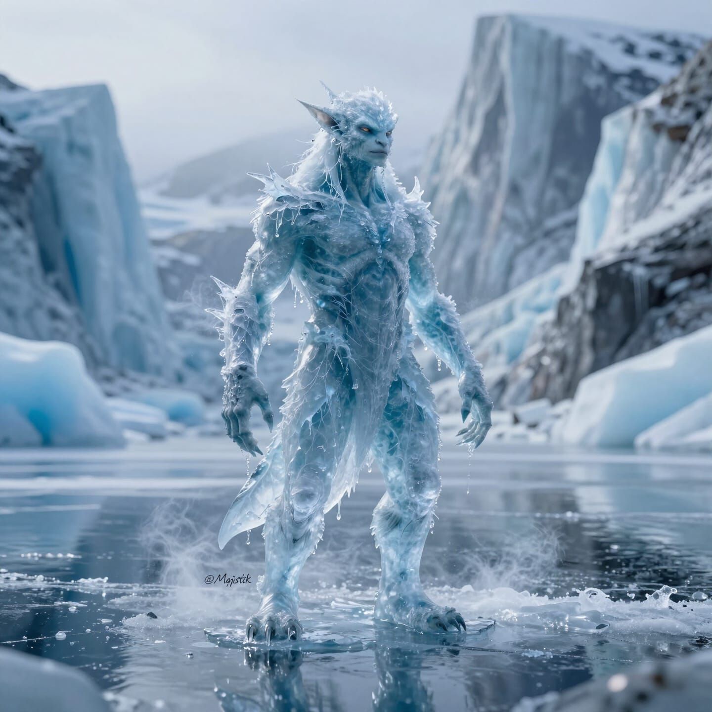 Photorealistic Ice Elemental on Frozen Lake