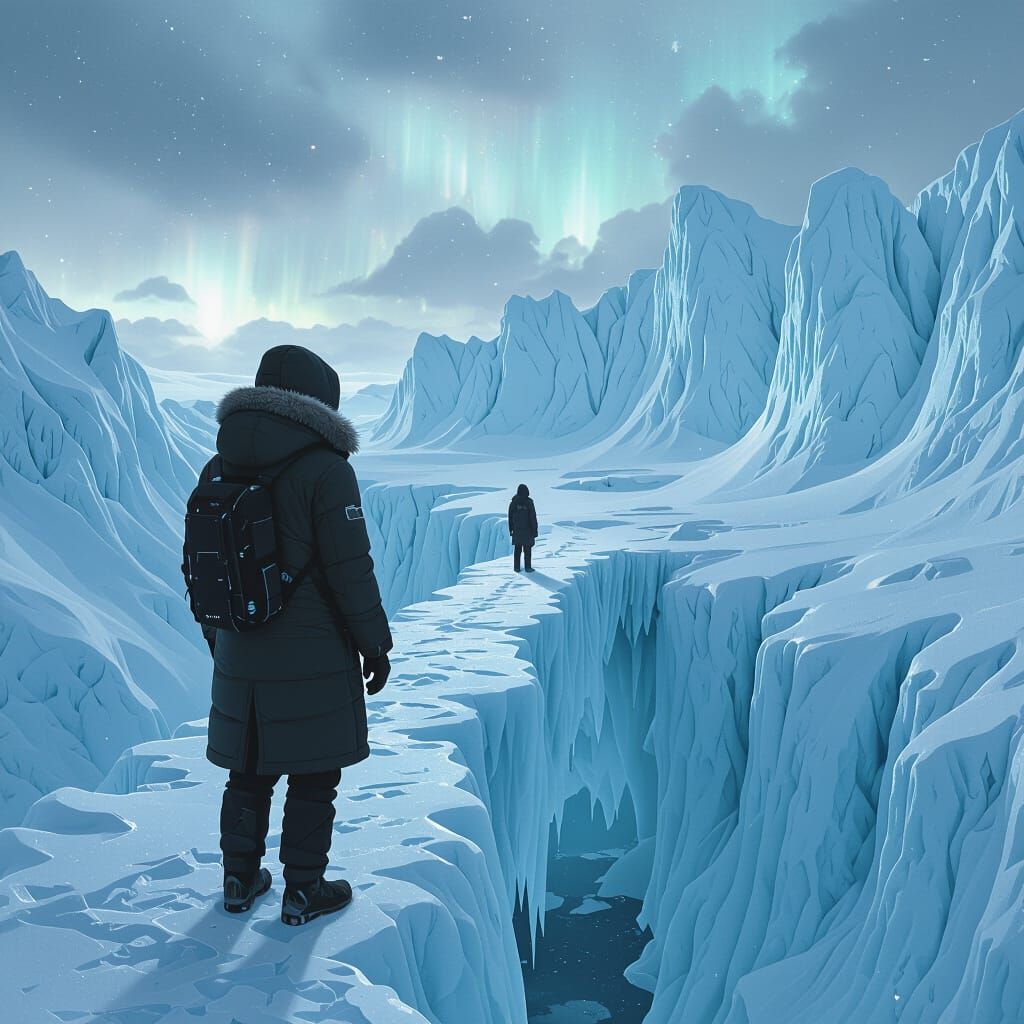 Lone Figure on Ice Bridge in Frozen Abyss