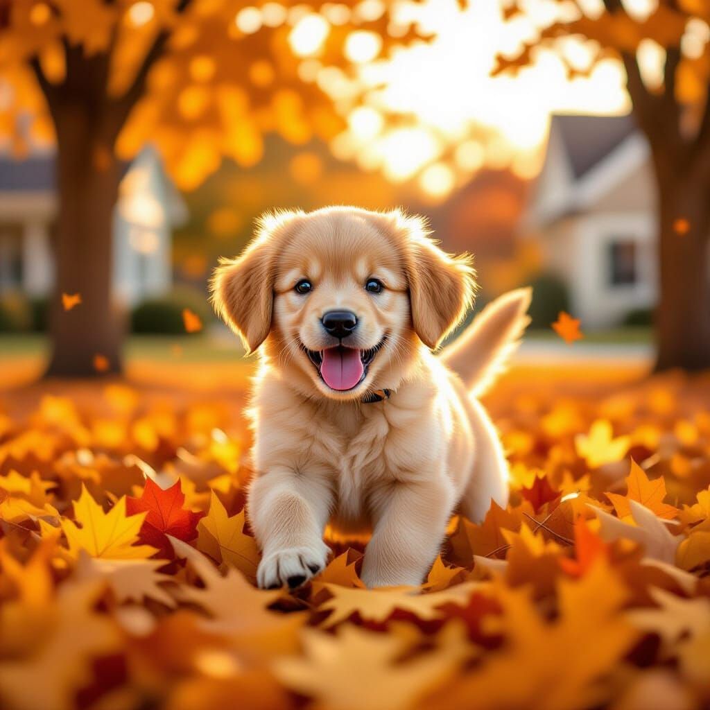 Golden Retriever Puppy in Autumn Leaves