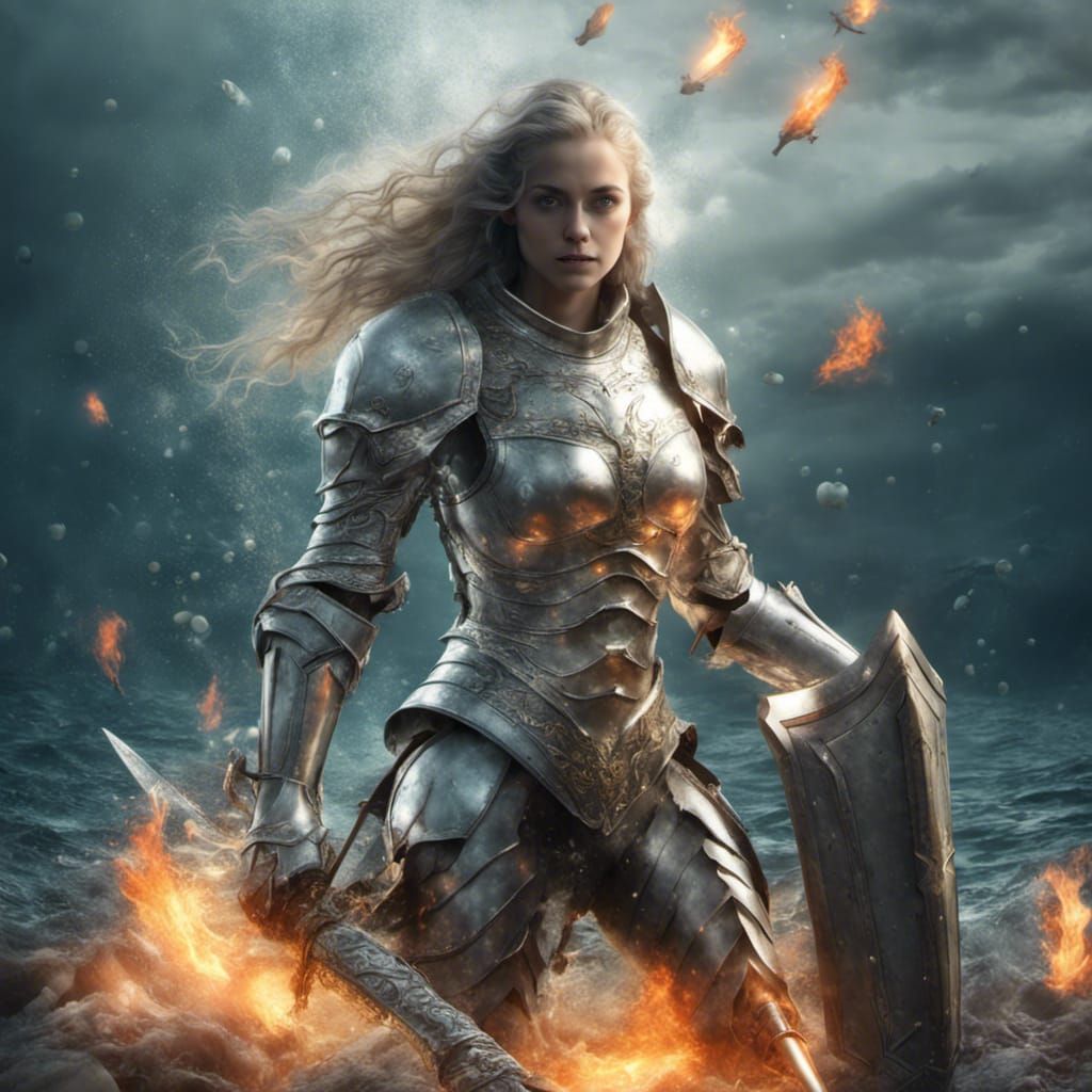 Silver Knight with Flaming Sword in Atlantis