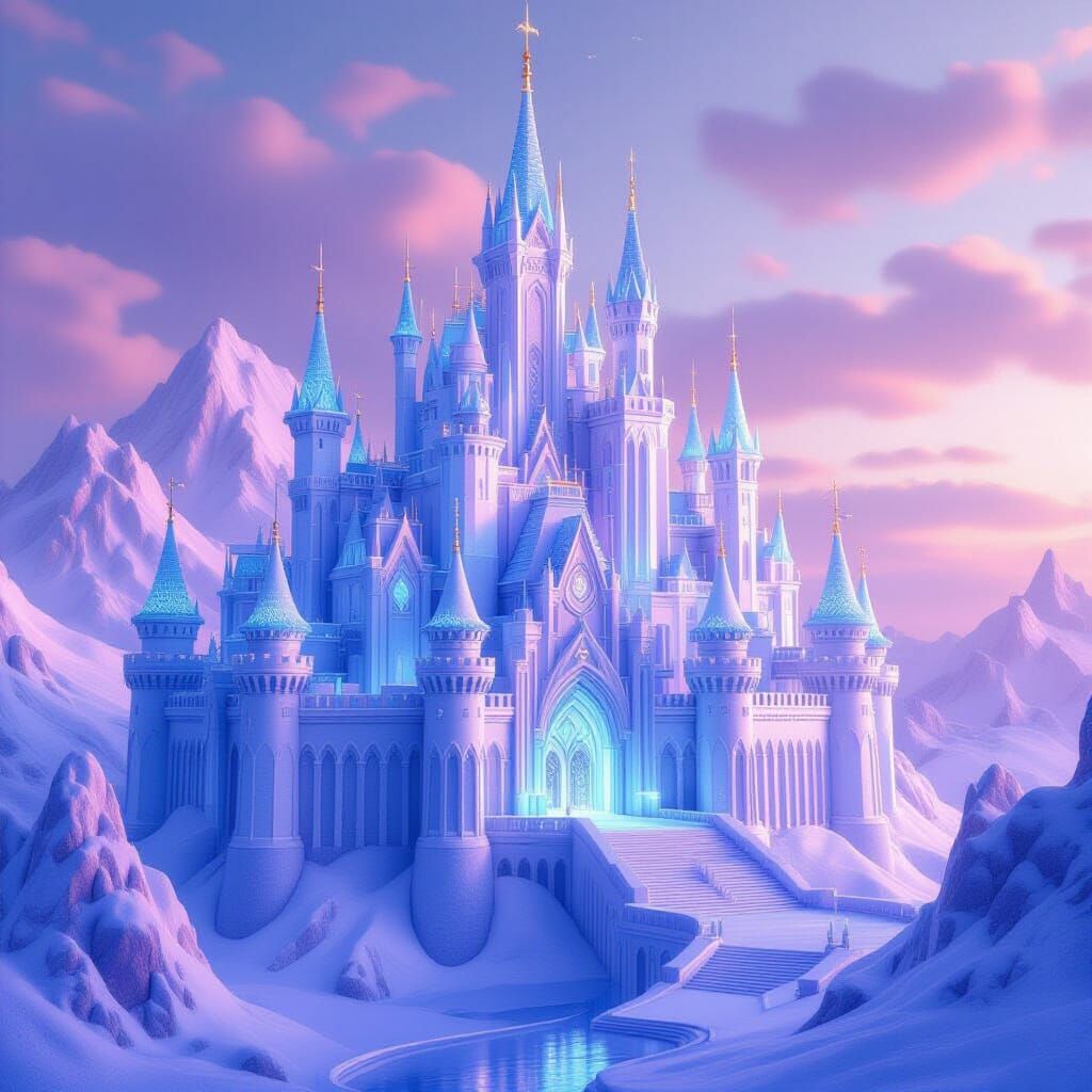 Majestic Ice Fortress in Pastel Shades as Digital Art