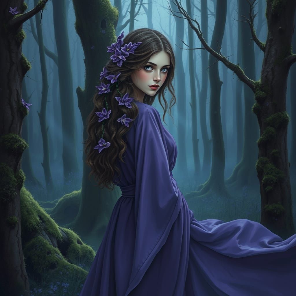 Twilight Forest Woman with Amethyst Flowers