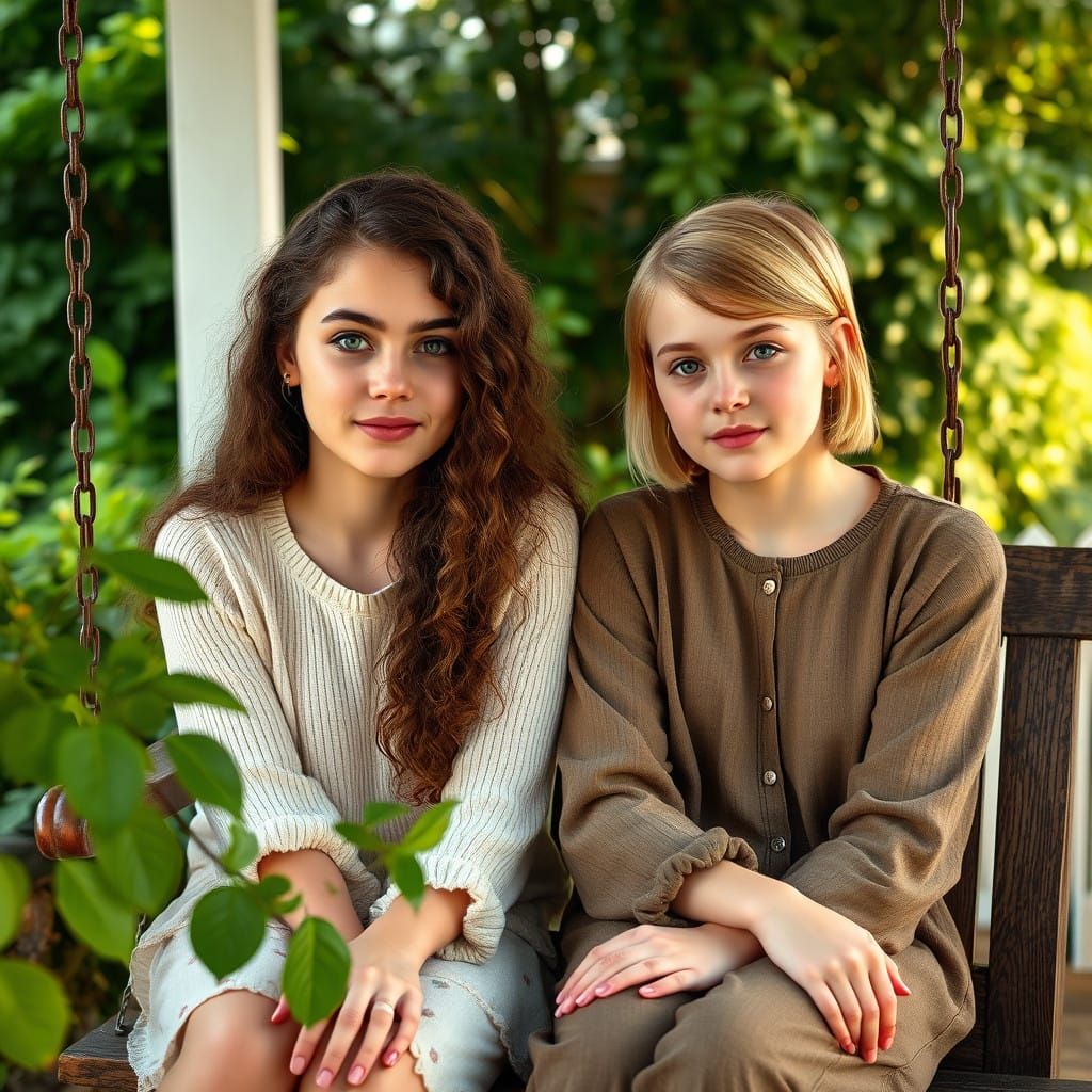 Sisters on a Porch Swing in Realistic Americana Style