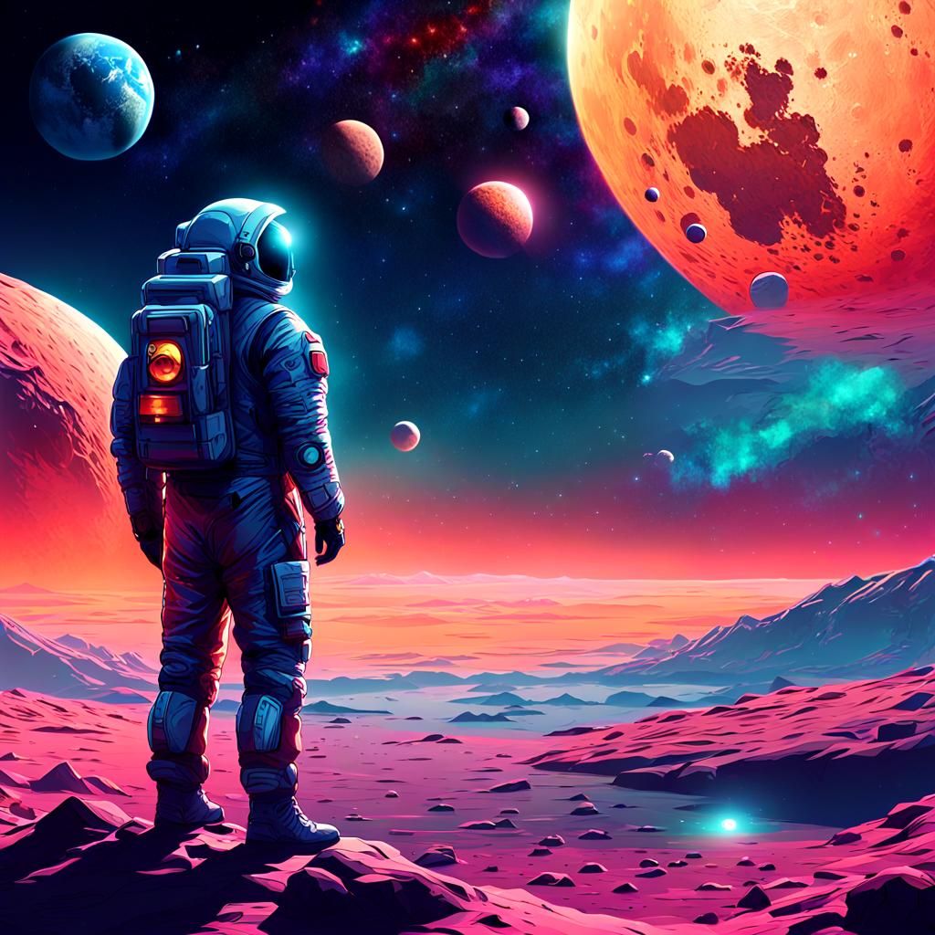 Man on Moon Gazing at Galaxy in Sci-Fi Art