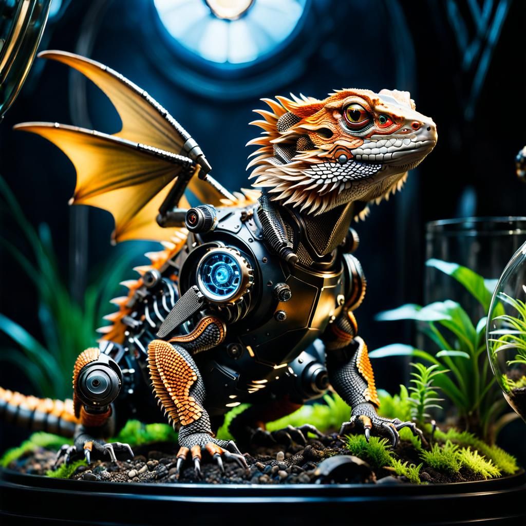 Steampunk Cyborg Bearded Dragon in Terrarium
