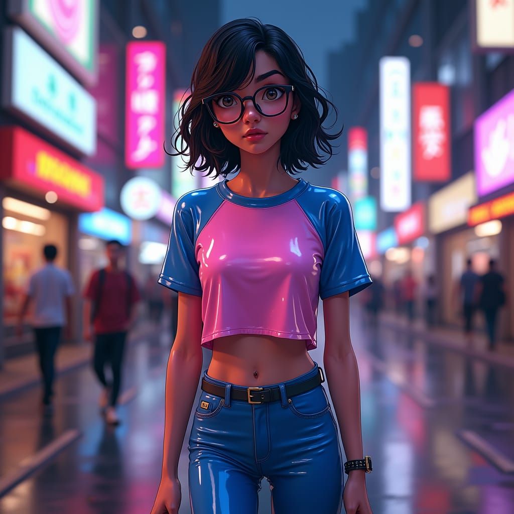 Anime Woman in Latex Outfit, City Street Scene