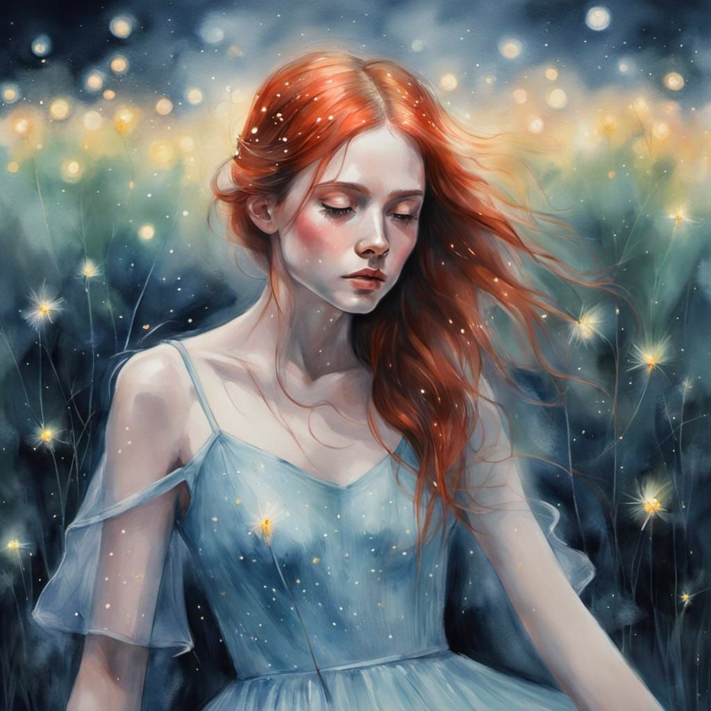 Ethereal Woman in Firefly Field at Twilight