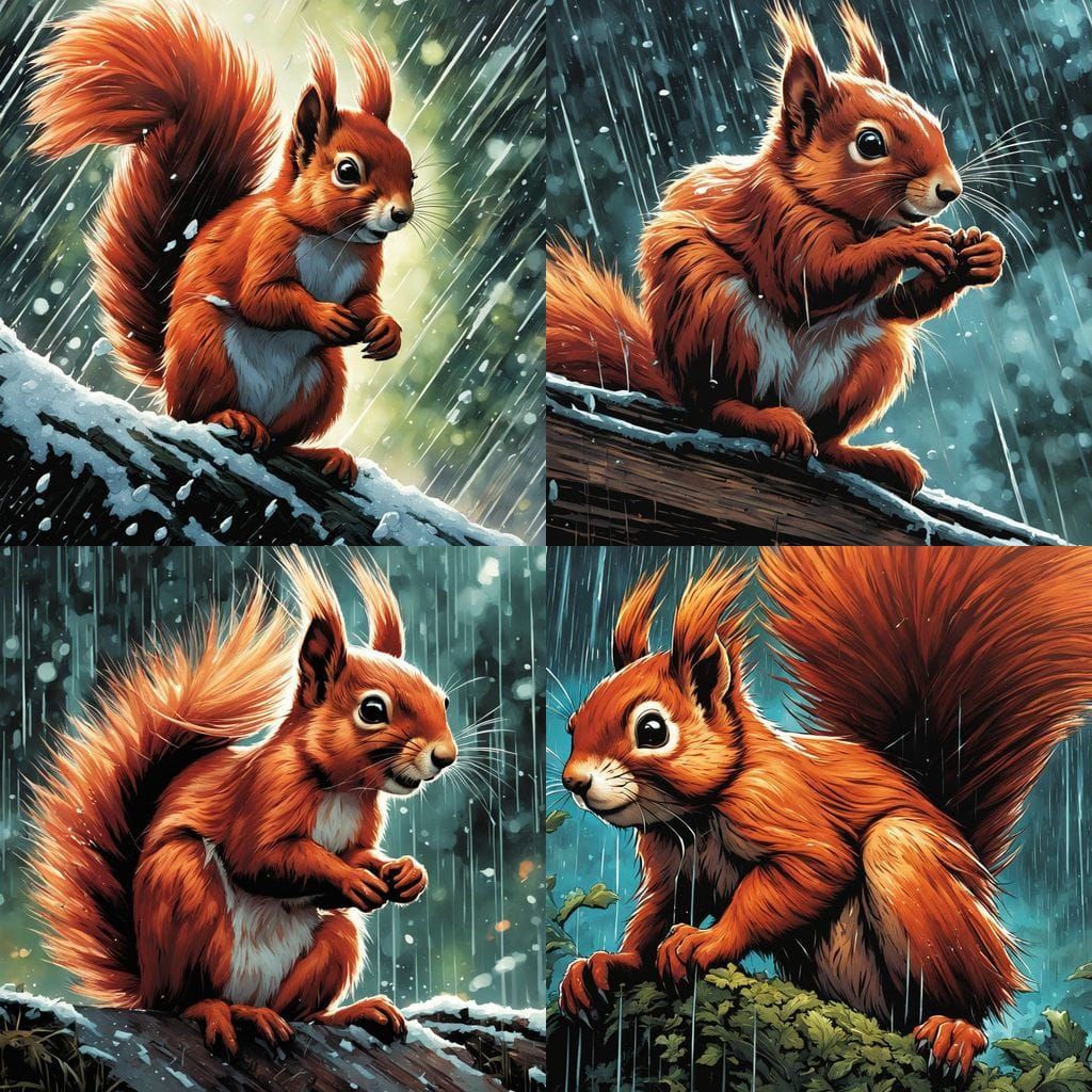 A Drenched Red Squirrel in Dramatic Comic Book Style