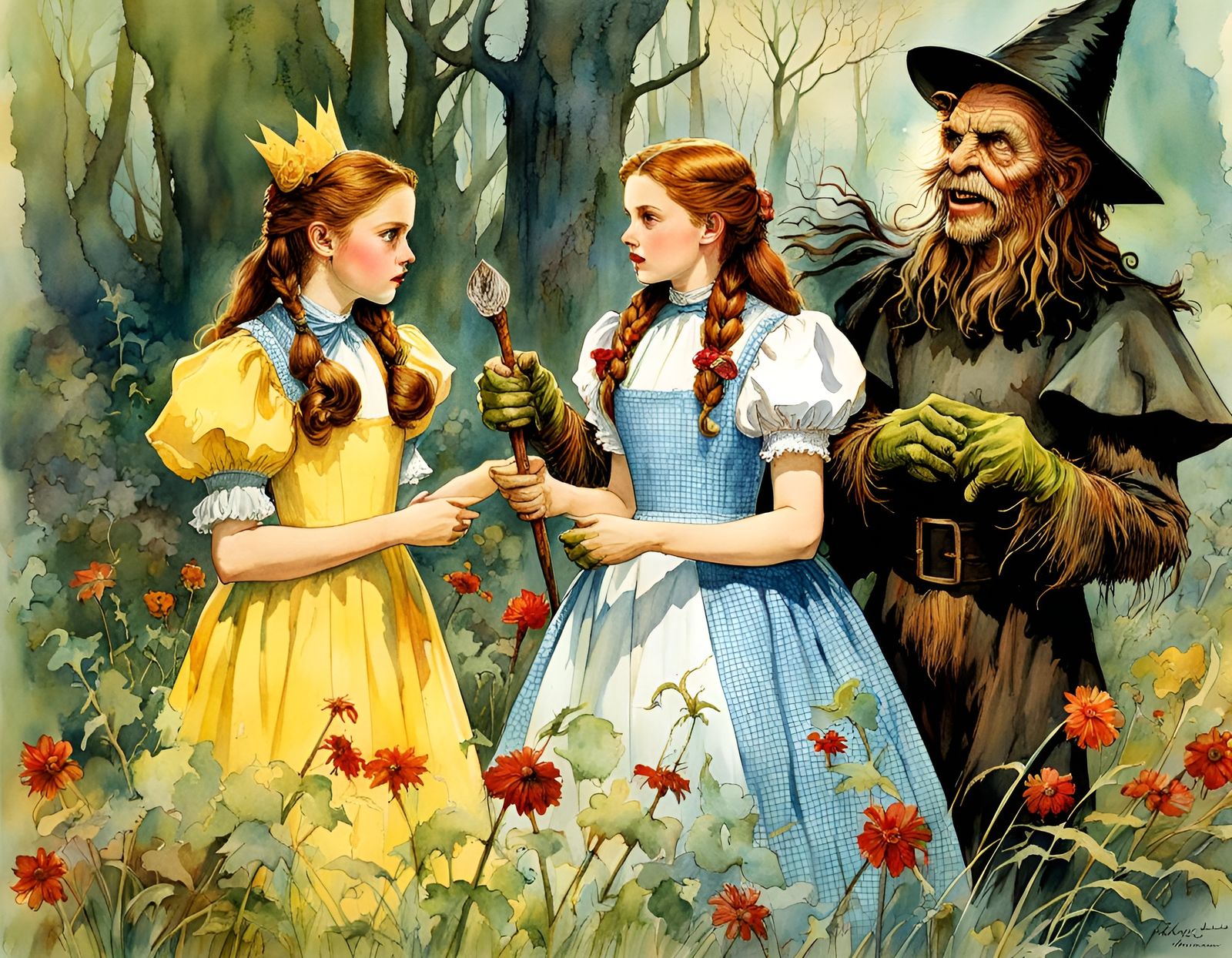 Dorothy Confronts the Wicked Witch: A Watercolor Fantasy