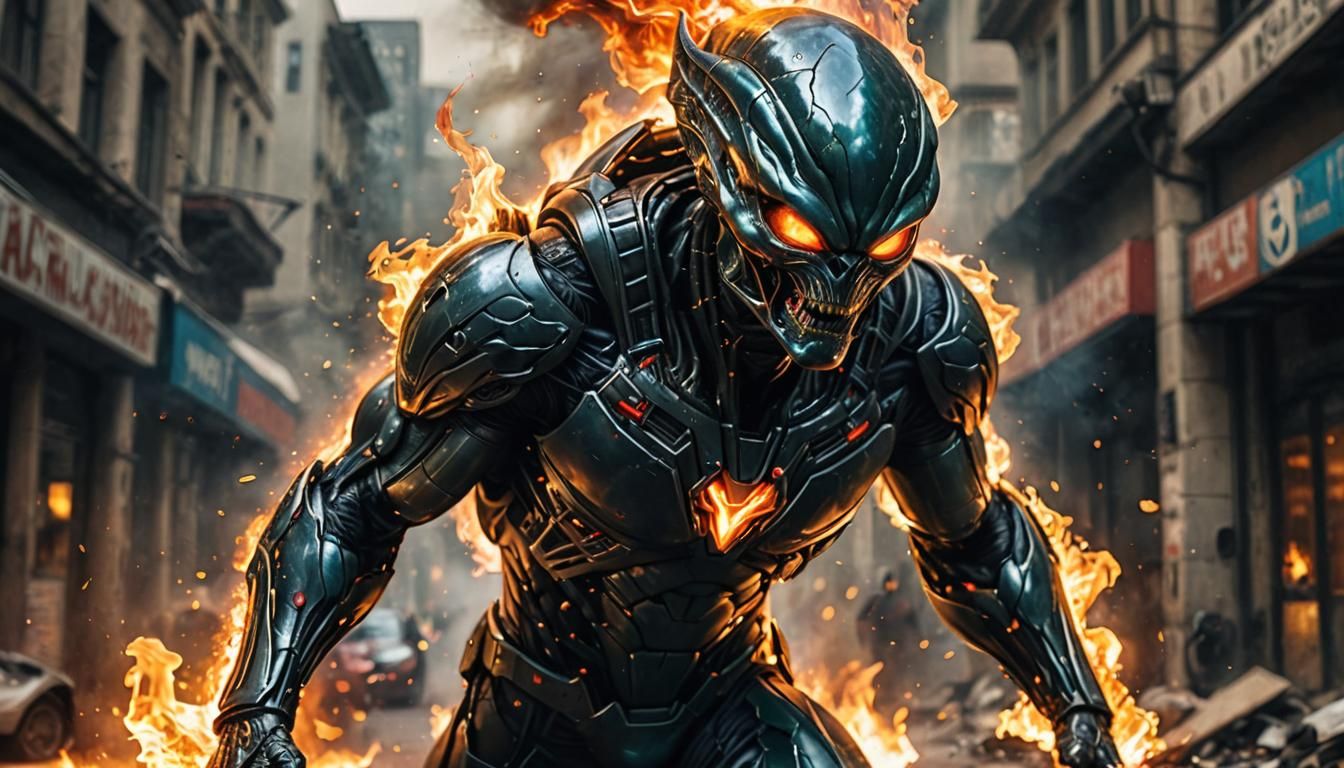 Hyperrealistic Alien Superhero in Fiery Scene