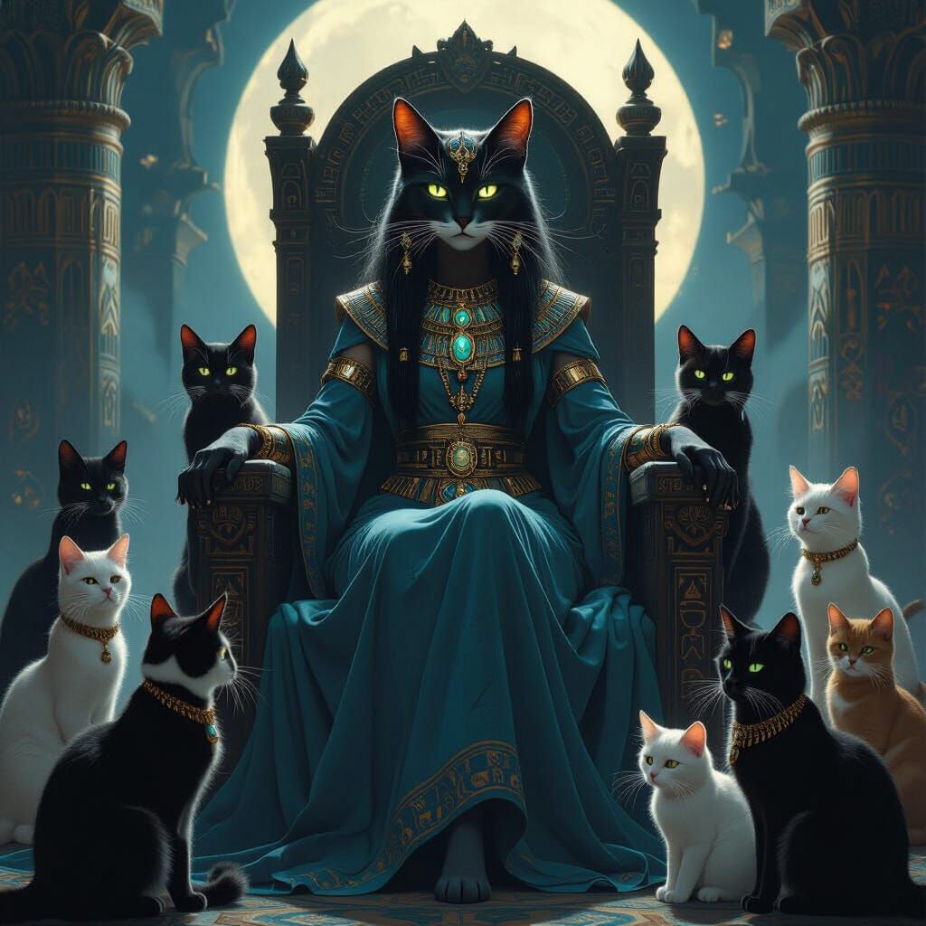 Mystical Feline Goddess on Obsidian Throne Surrounded by Glo...