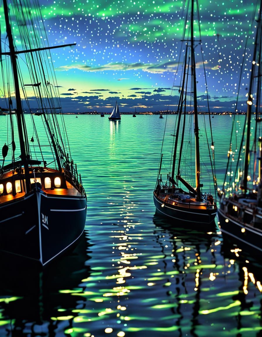 Neon Sunset Over Water with Sailboats and Stars