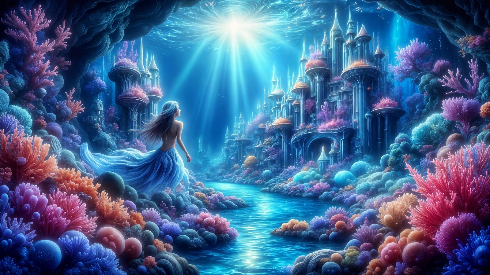 Bioluminescent Underwater Kingdom with Elegant Mermaid