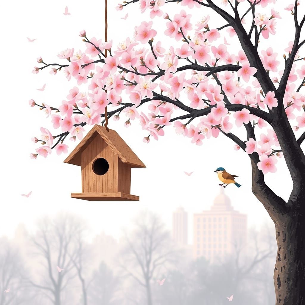 Charming Birdhouse Illustration in Pointillism Style