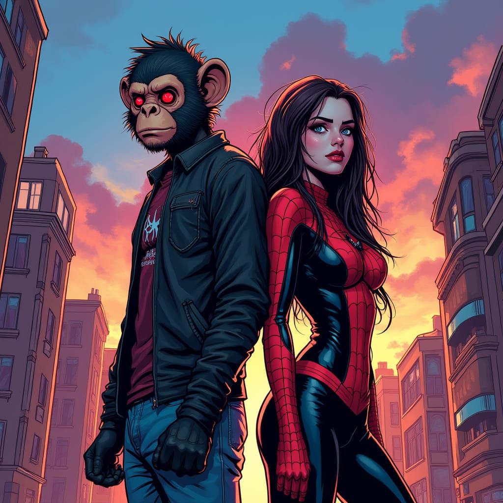 Daring Duo in Cyberpunk Cityscape