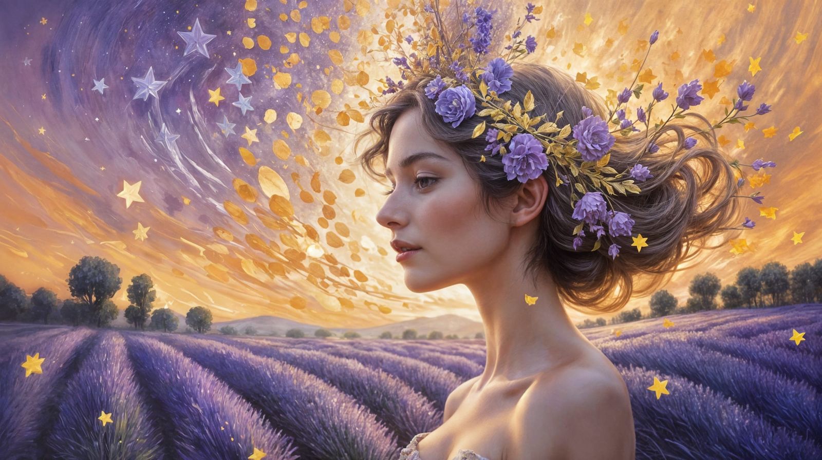 Lavender Field at Dawn: Cosmic Oil Painting