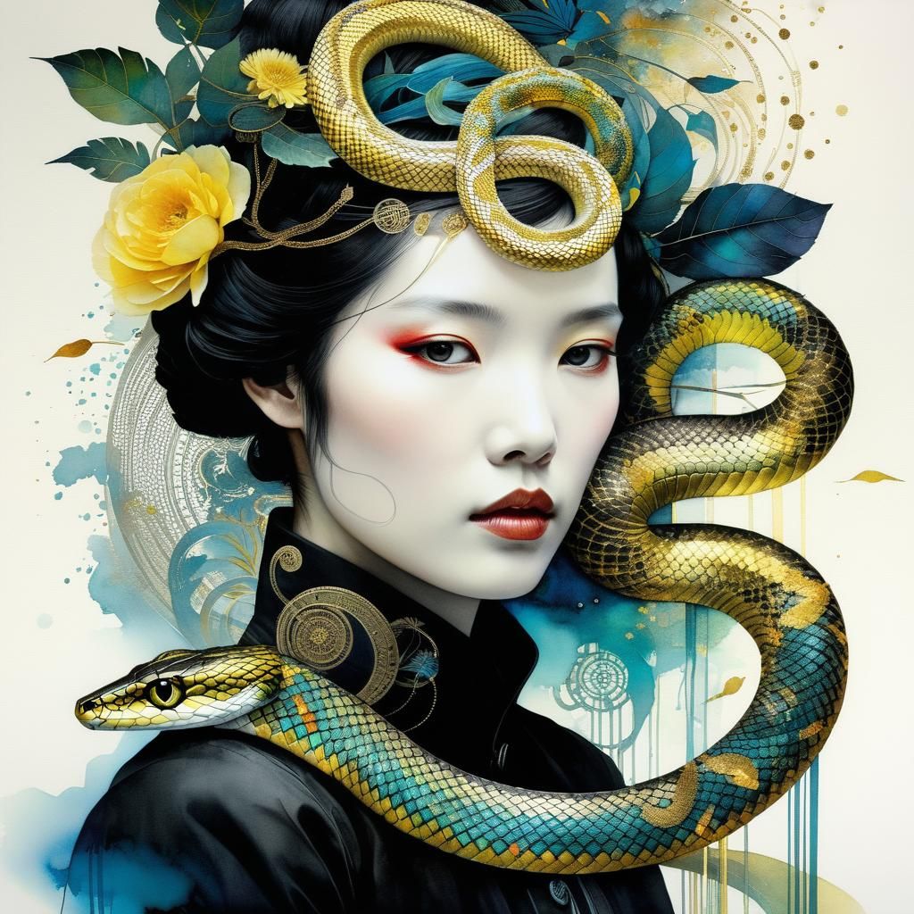 Golden Serpent in Intricate Collage Style