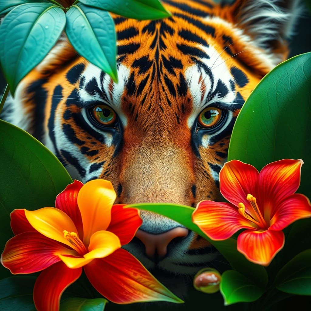 Hyperrealistic Tiger Eye Close-Up with Lush Flora
