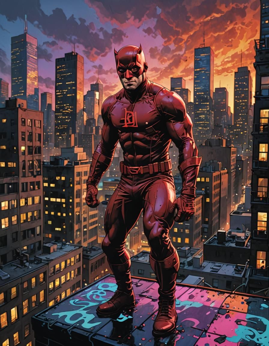 Gritty Urban Vigilante Rooftop Amidst Neon Hell's Kitchen