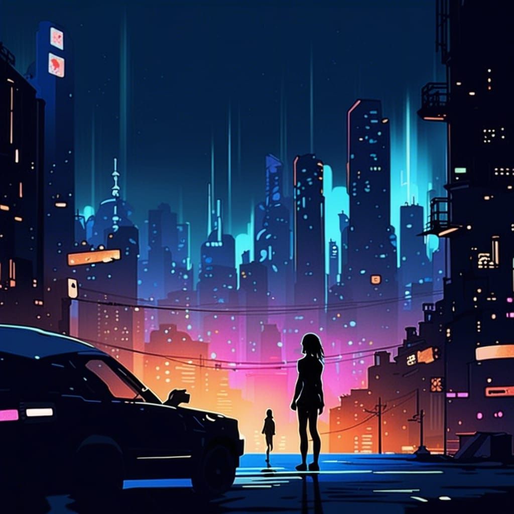 Neon Cyberpunk Cityscape Under Starry Sky