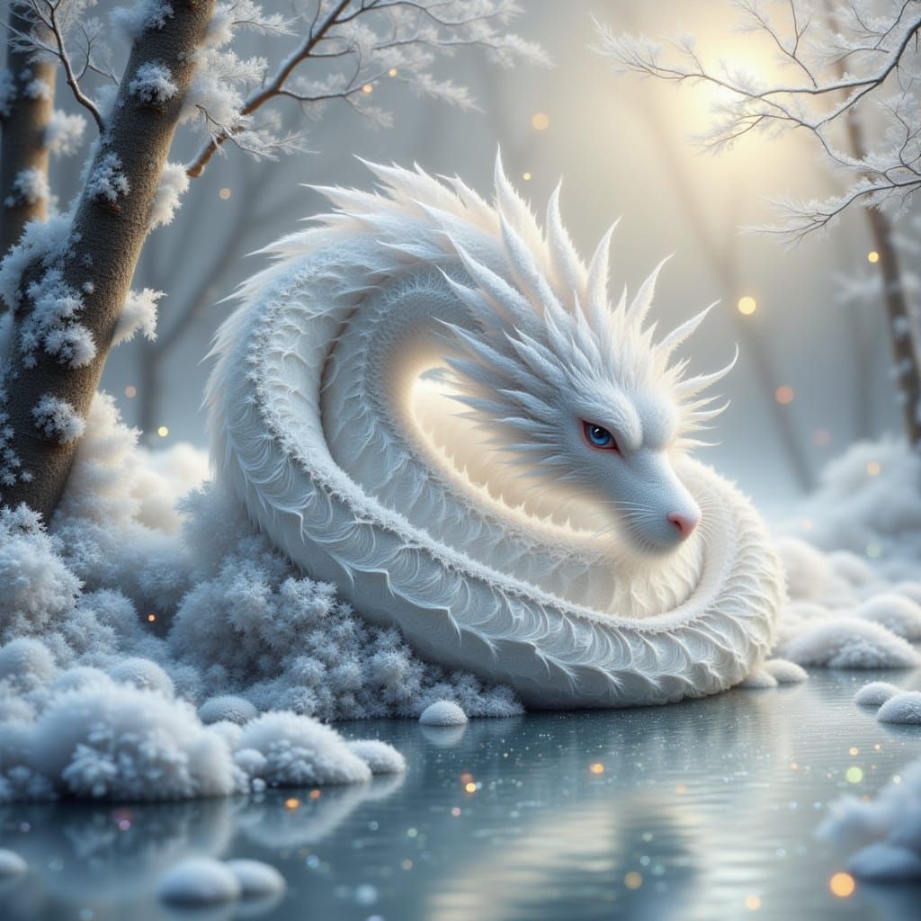 Ethereal Winter Fantasy: Majestic White Dragon in Snowy Fore...