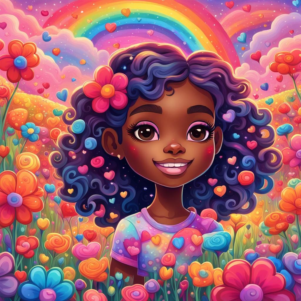 Whimsical Chibi Art: African American Girl in a Vibrant Flor...