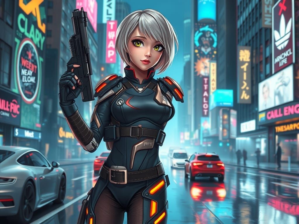 Cyberpunk Girl in Futuristic City with Plasma Rifle