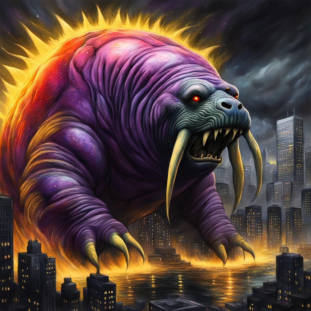 Tomato-Walrus Monster Destroys City: Gothic Concept Art