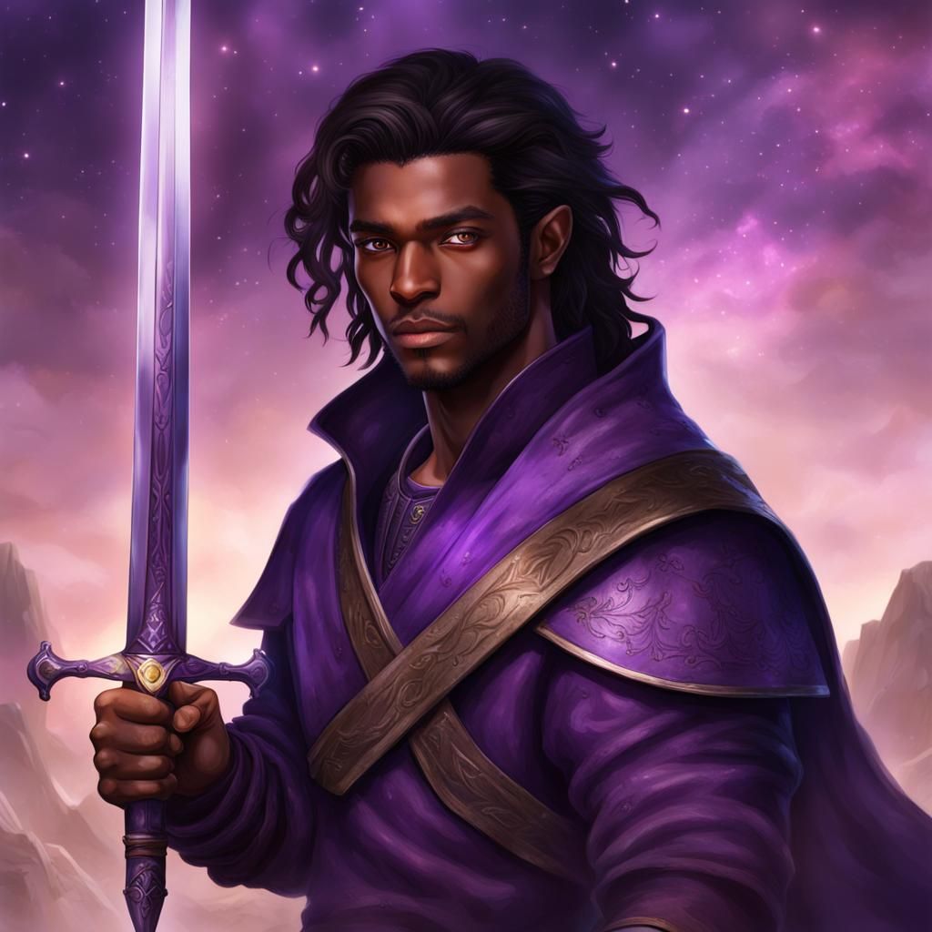 Hyperrealistic Young Warrior with Purple Sword