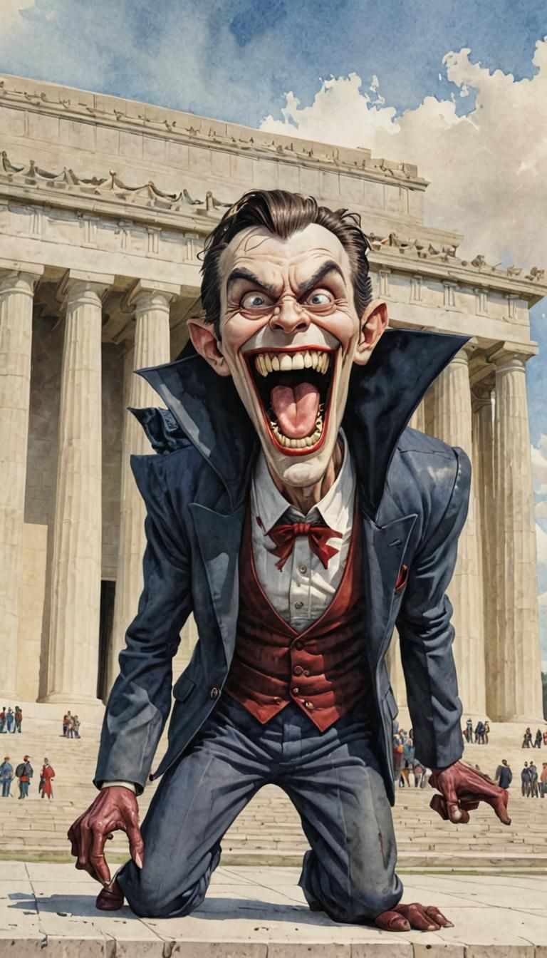 Extreme wide shot of one traditional cartoon vampire with large fangs, laughing, looking at The Lincoln memorial. Cartoo...