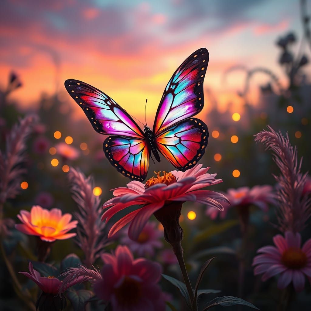 Whimsical Summer Butterfly in a Fantastical Garden Scene